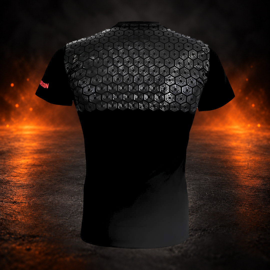 Bar grip shirt in black with a raised hex grip panel on the upper back, back view.