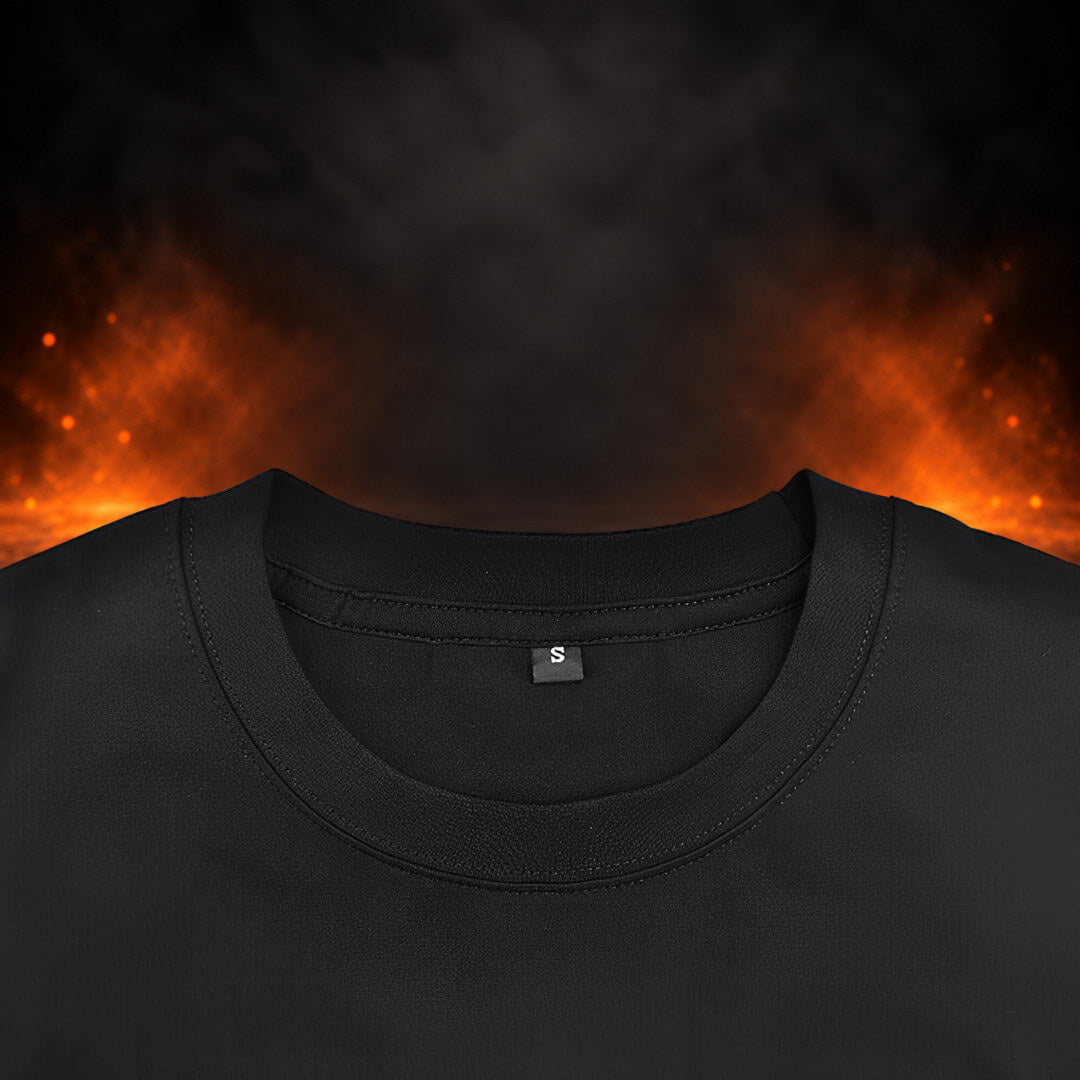 Bar grip shirt crew neckline in black with a small size label inside, close-up.