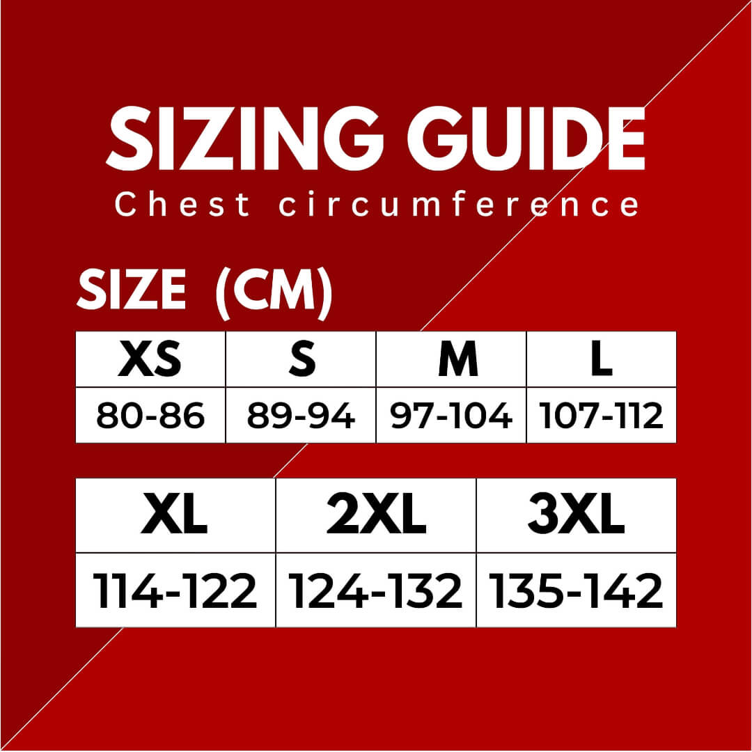 Bar grip shirt size chart with chest circumference ranges in centimeters for XS to 3XL.