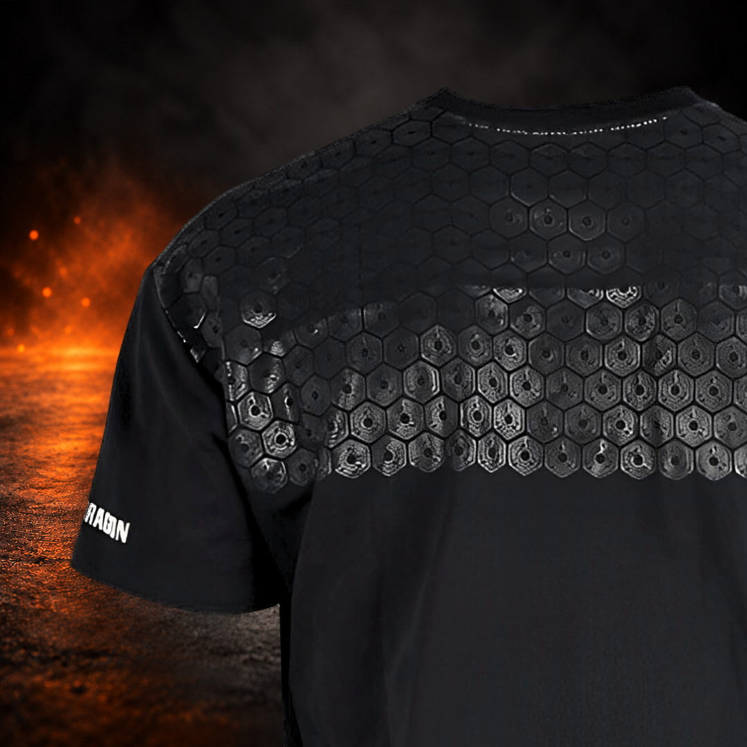Bar grip shirt with a black-on-black hex grip panel across the upper back and shoulder, close-up.