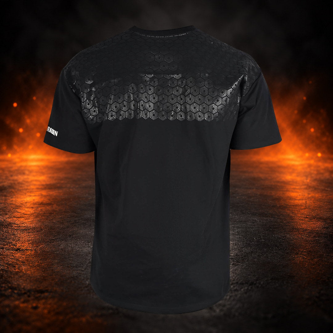 Bar grip shirt in black, black-on-black hex grip panel across the upper back, back view.