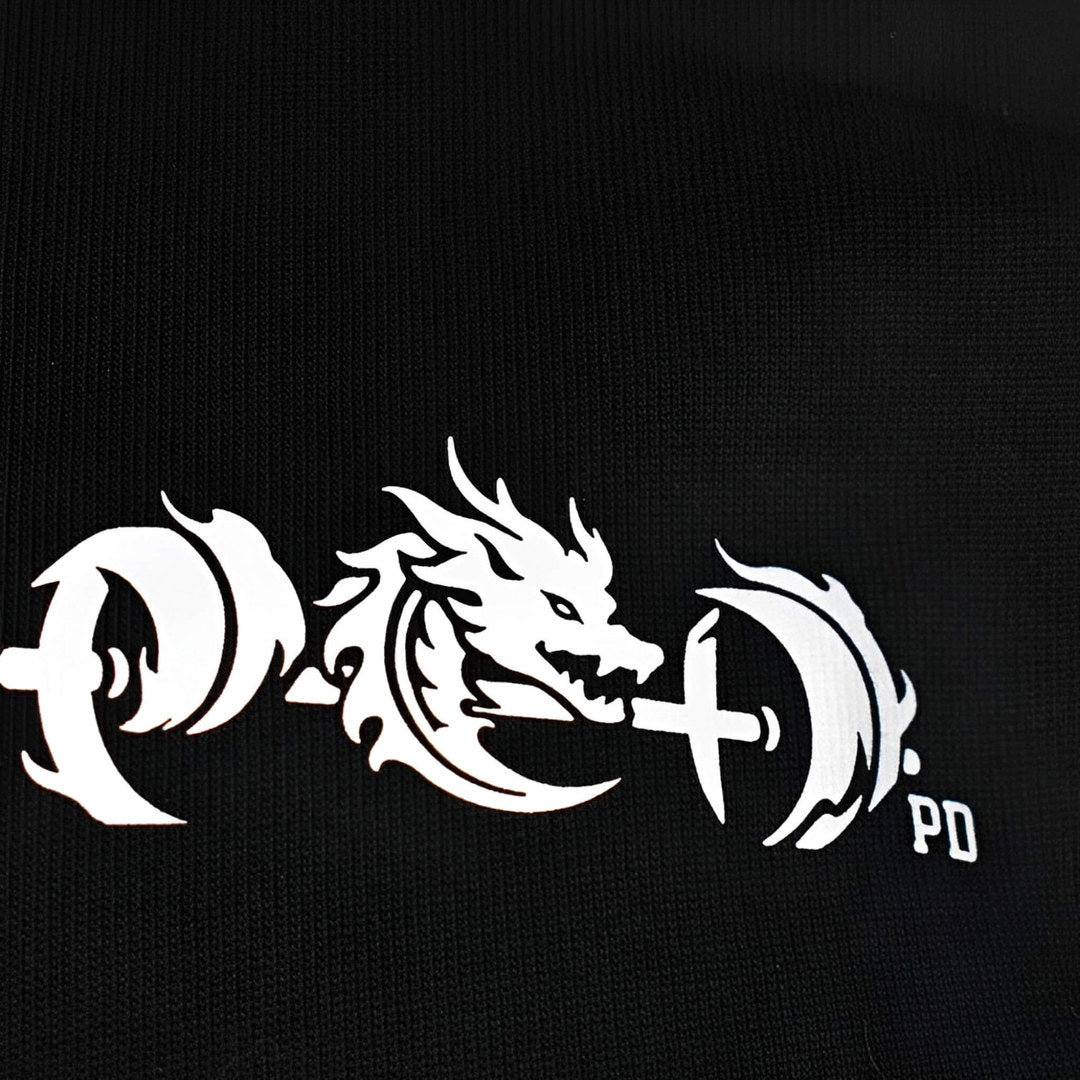 Bar grip shirt chest mark close-up, white dragon biting a barbell with P and D plates.