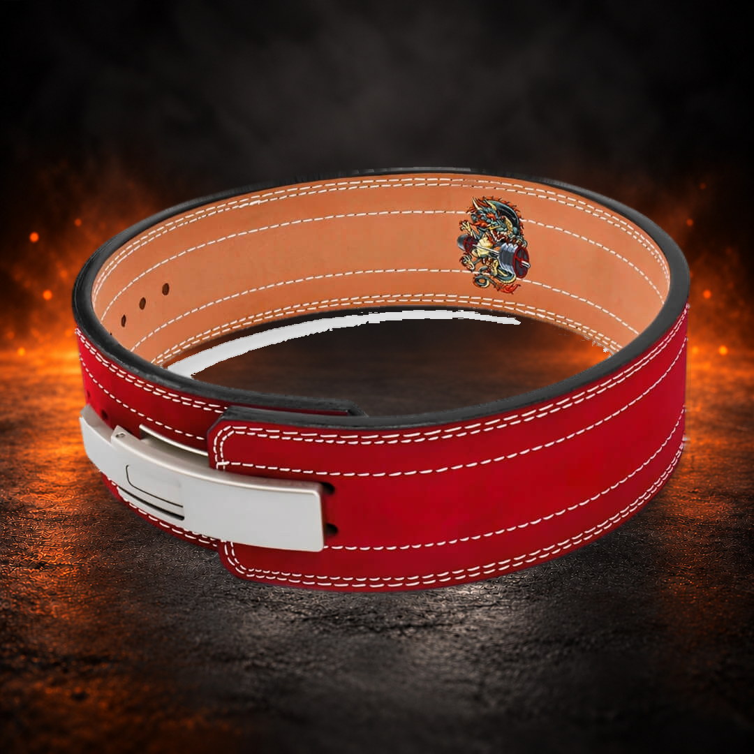 10mm lever belt in red suede from a higher angle, showing the tan lining's dragon emblem holding a barbell.