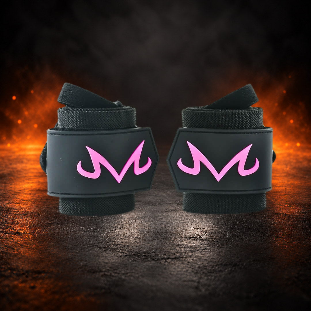 Stiff powerlifting wrist wraps, rolled black pair with pink M patches facing out, front view.