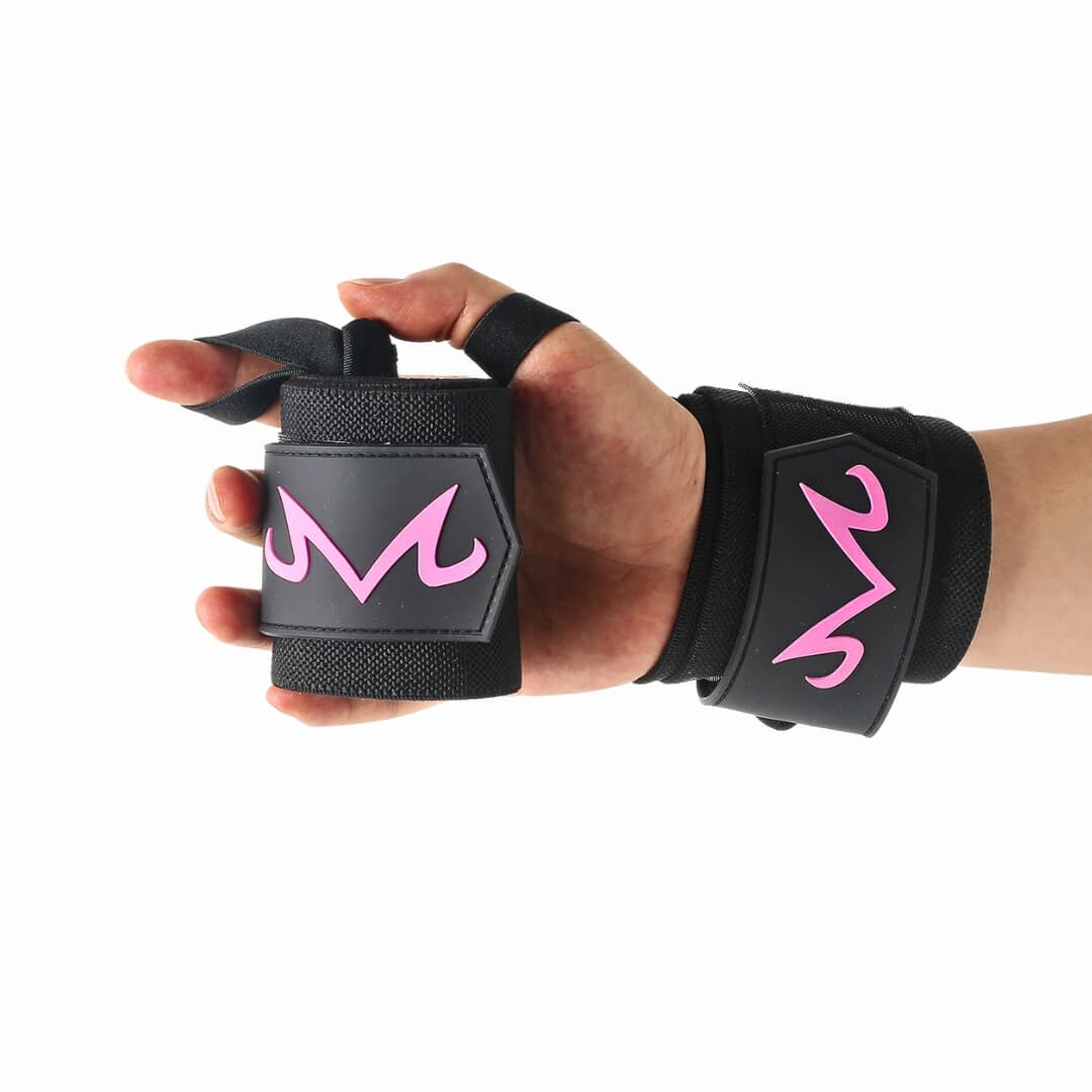 Stiff powerlifting wrist wraps with a pink M, one on the wrist and one rolled in hand.