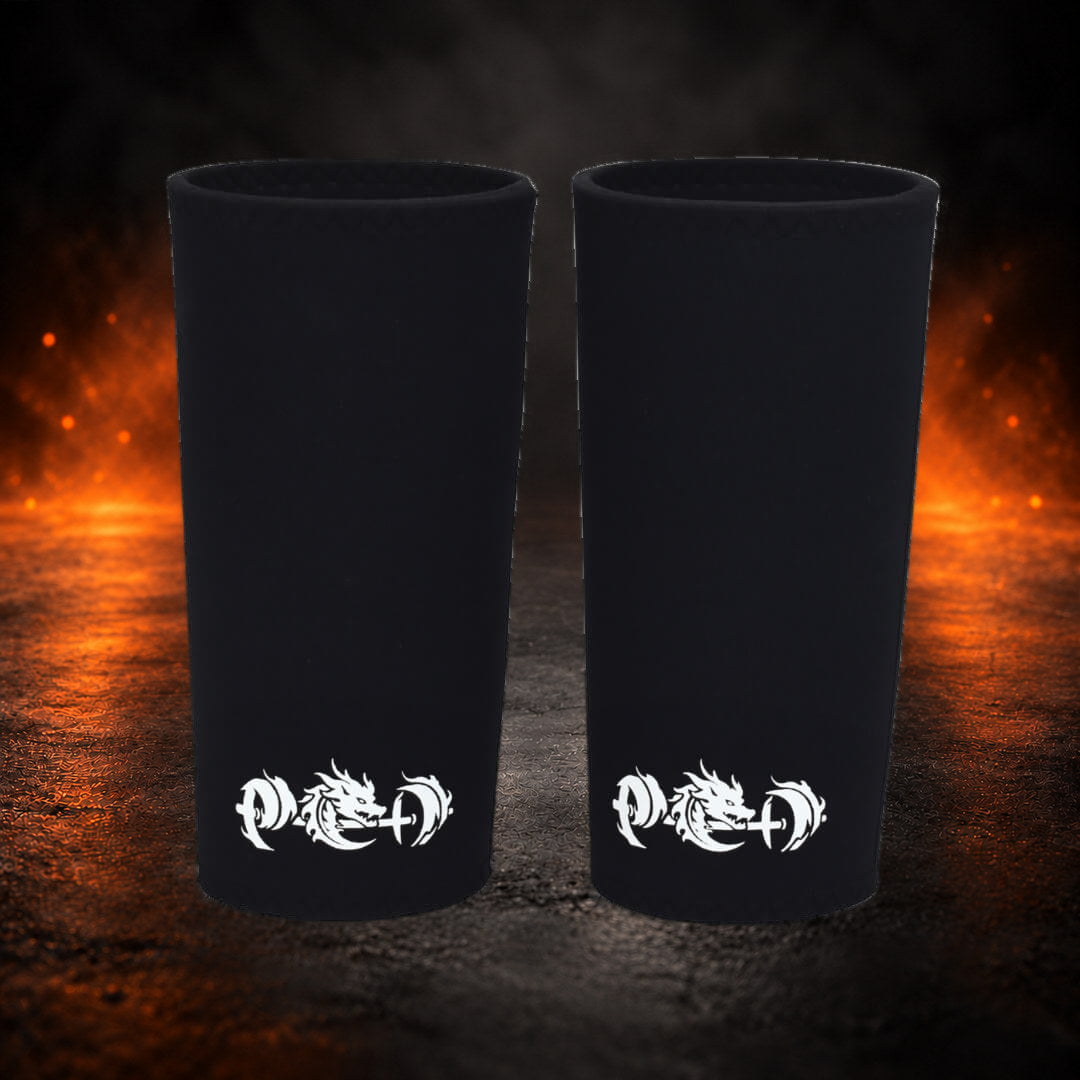 7mm stiff knee sleeves in black, tall tapered pair standing upright with white emblems near the base.