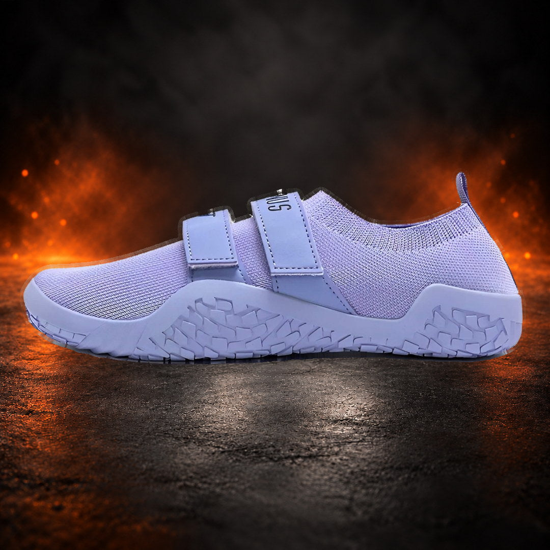 Deadlift slippers in lavender with matching straps and sole, side view.