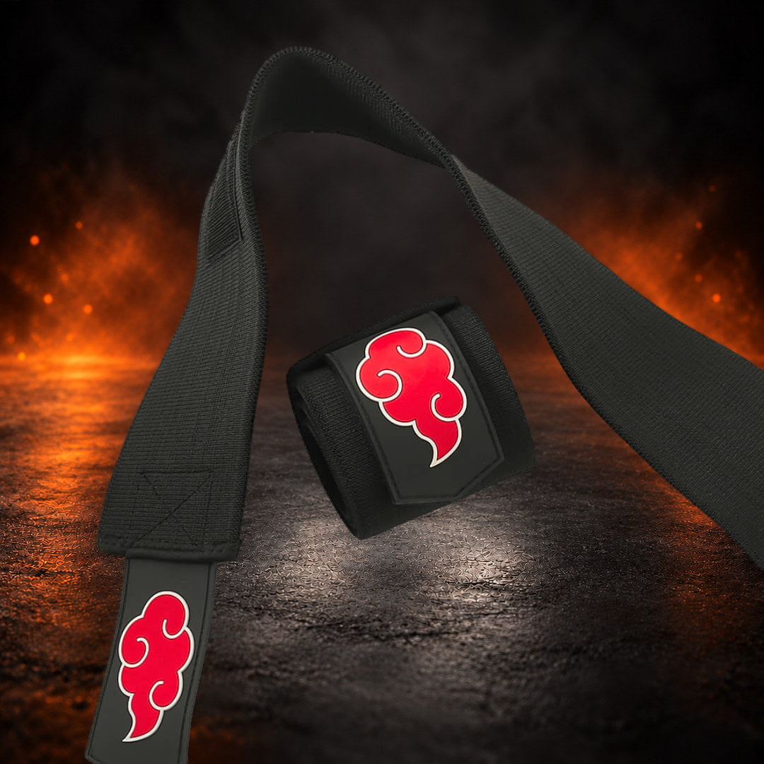 Powerlifting wrist wraps, one unrolled full length beside one rolled with a red cloud patch.
