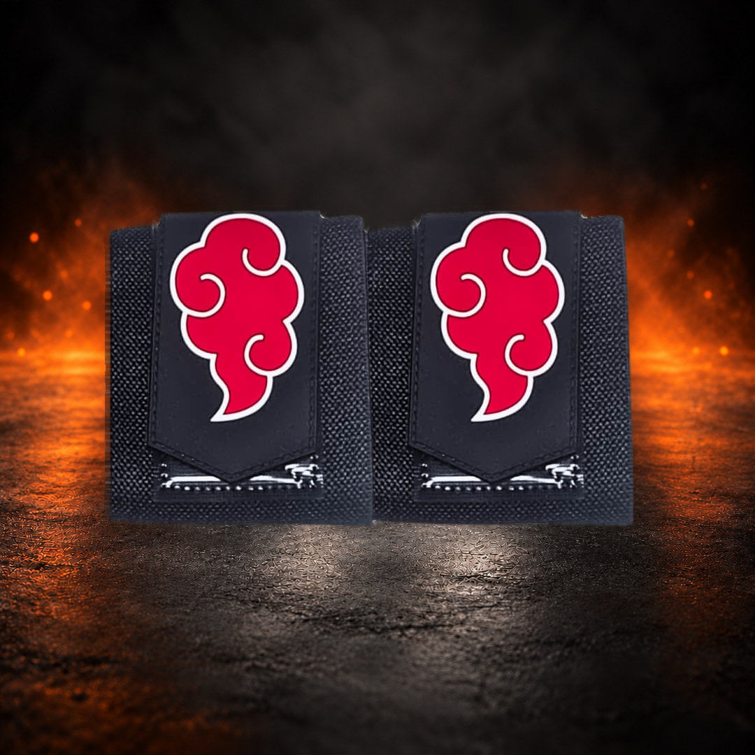 Powerlifting wrist wraps, folded black pair with a red cloud on each patch, front view.
