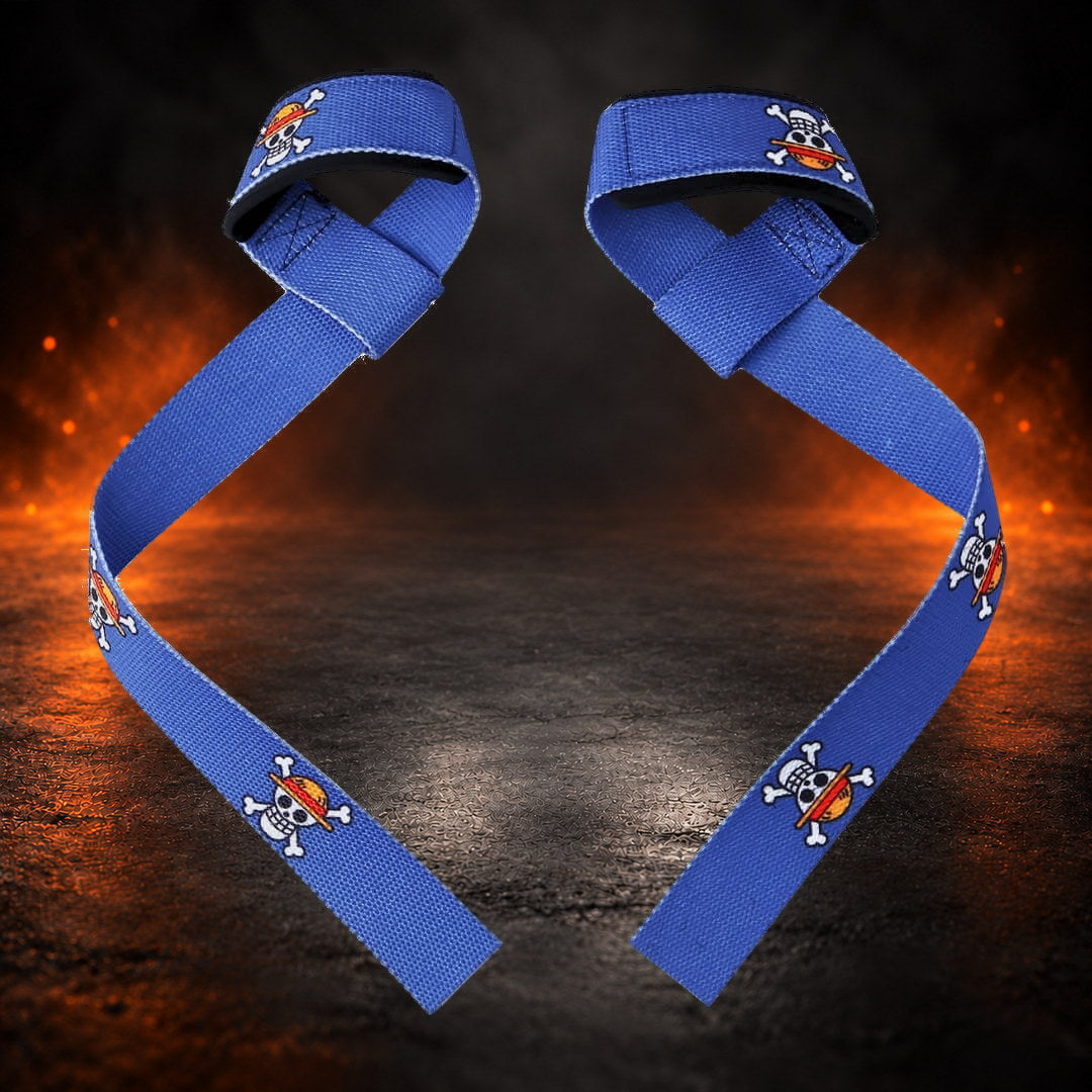Lifting straps in royal blue with skull and crossbones prints, full-length pair with looped ends.