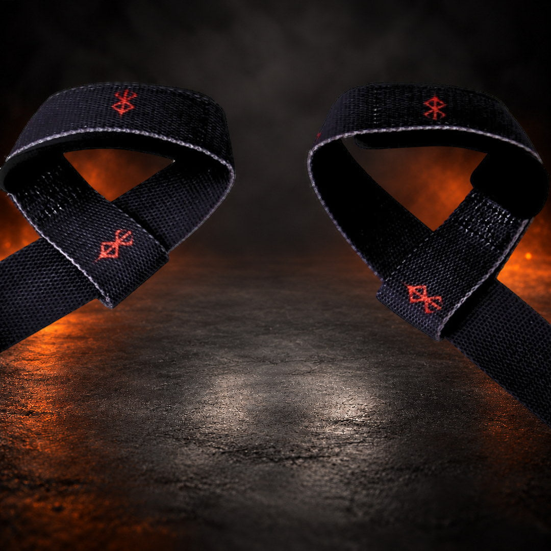 Lifting straps in black, close-up of both padded loops marked with red sigils.