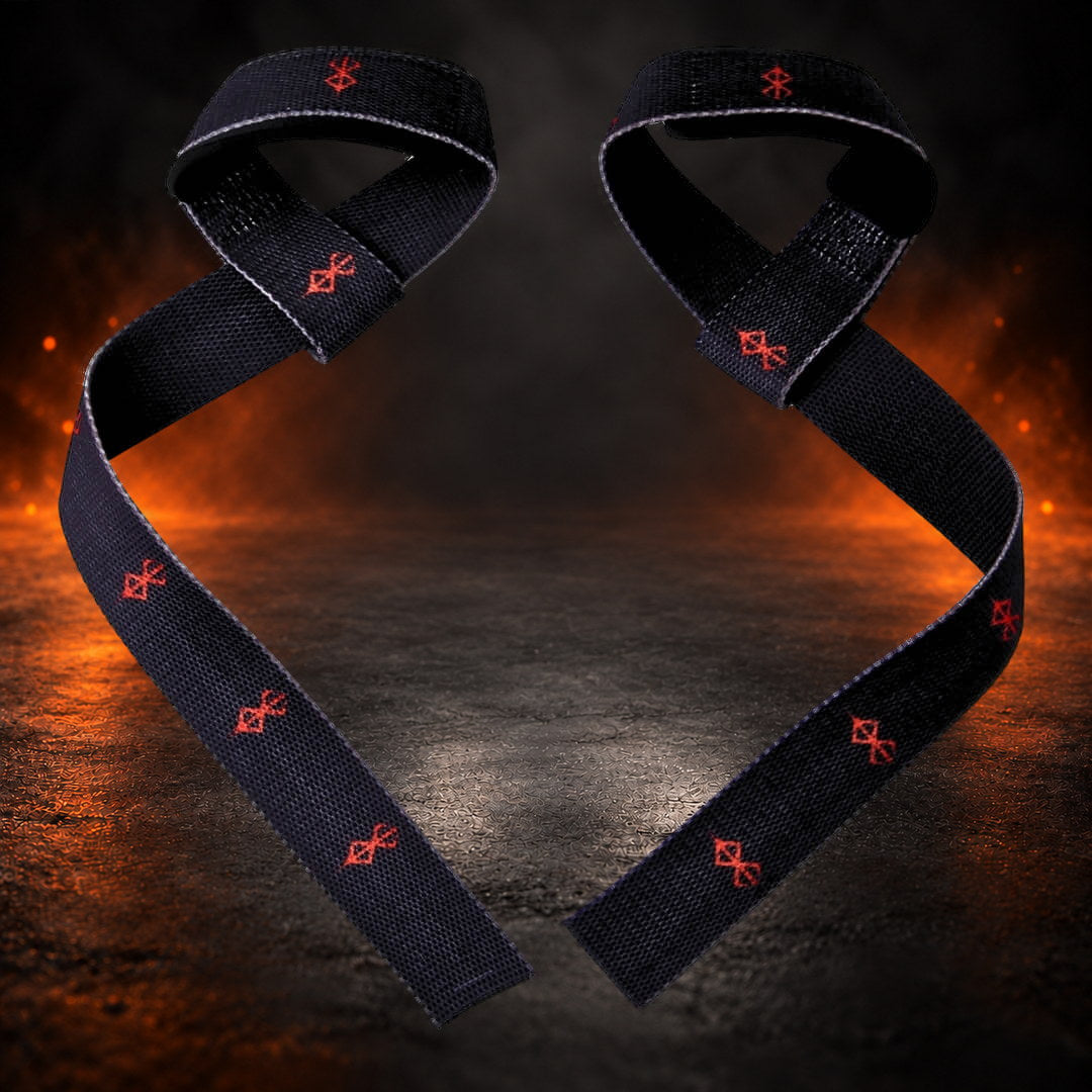 Lifting straps in black with pale edges and red sigils, full-length pair with closed loops.