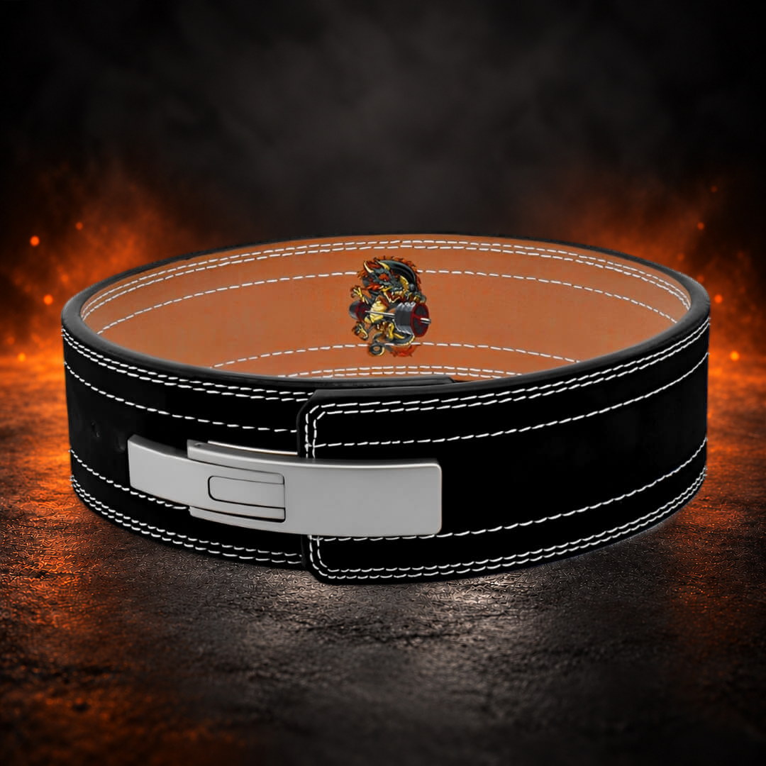 10mm lever belt in black suede, high view into the tan lining with its full-color dragon.