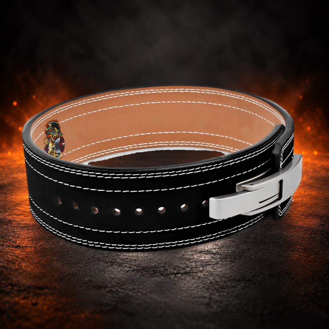 10mm lever belt in black suede, angled side view of the silver lever and the row of holes.