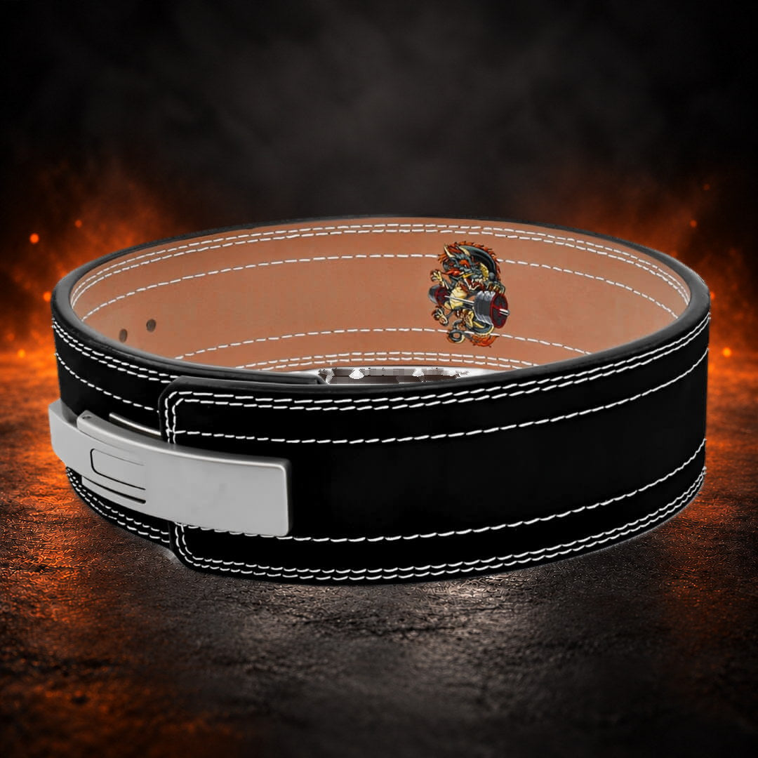 10mm lever belt in black suede, angled view of the lever end with the dragon on the lining.