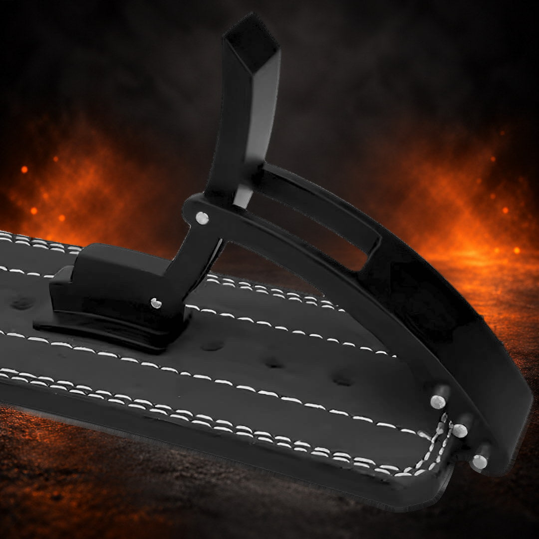 10mm lever belt in black suede laid flat, the black lever raised open on the strap.