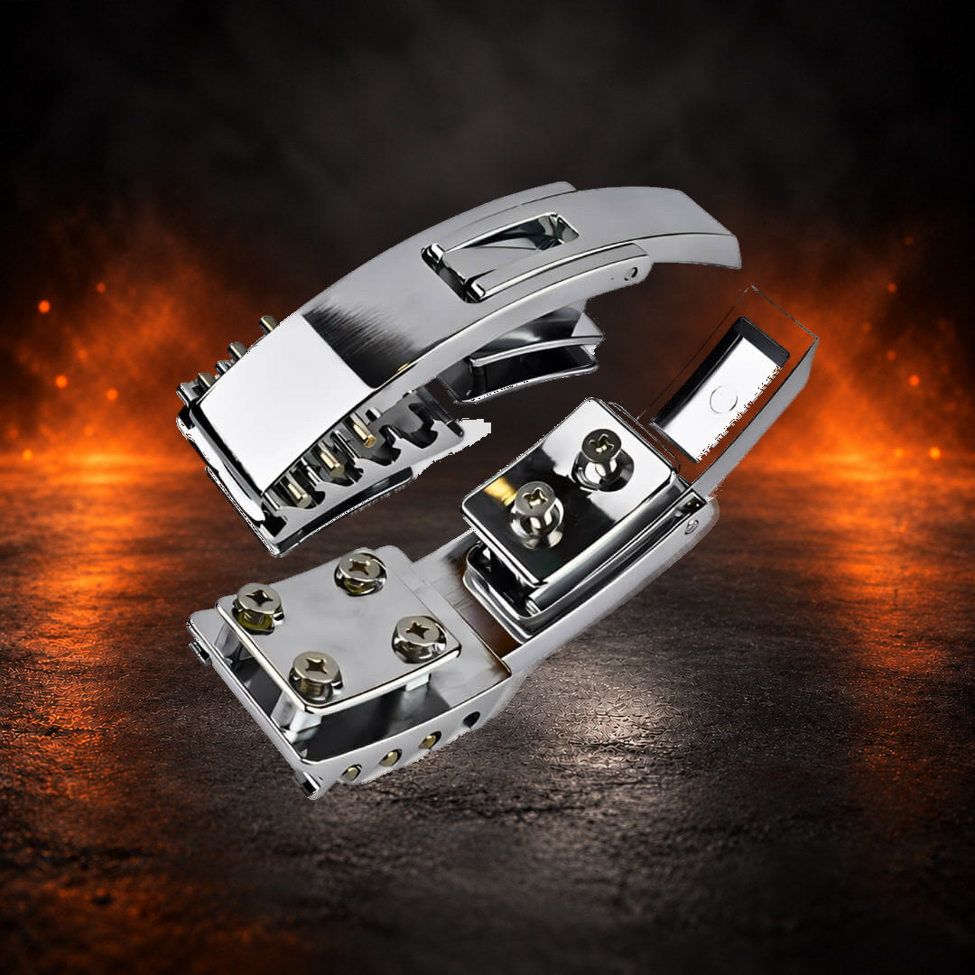 Adjustable lever belt buckle in polished chrome, opened off the belt to show its mounting plates and screws.