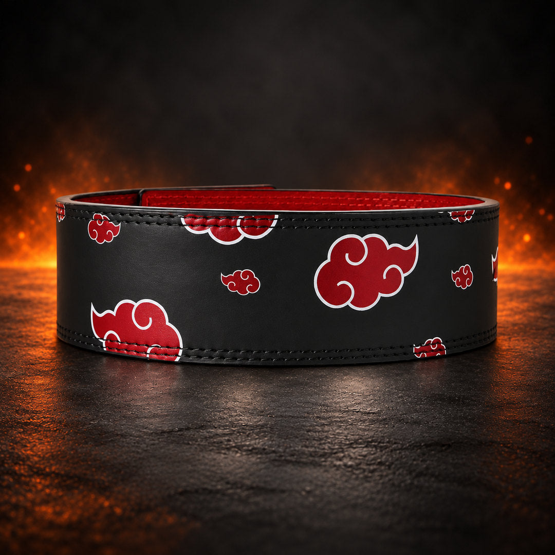 Powerlifting lever belt with white-outlined red clouds on black, back view showing the red suede lining.