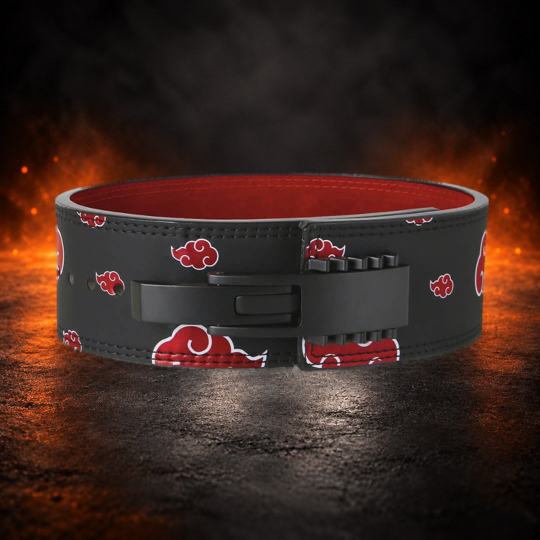 Powerlifting lever belt with red clouds on black, front view closed with a black lever.