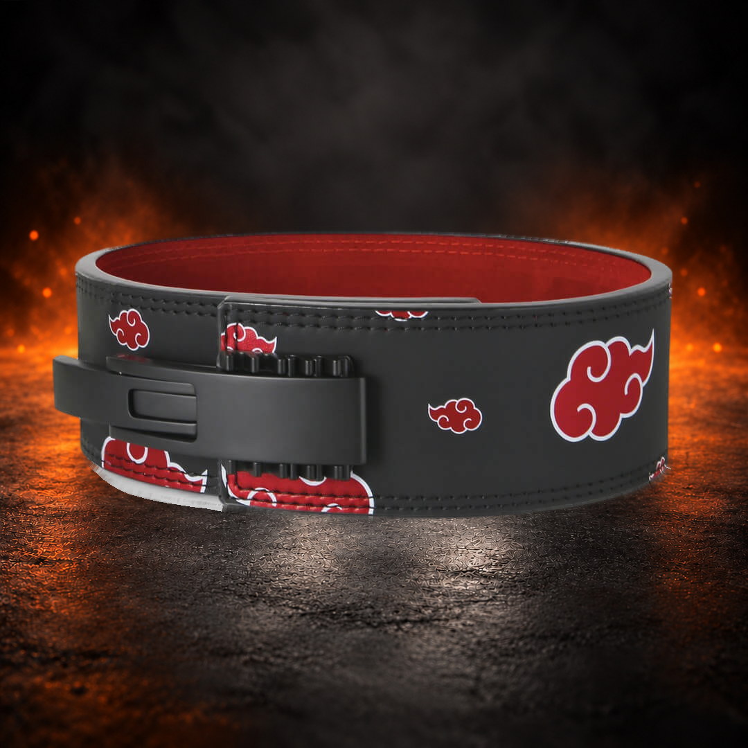Powerlifting lever belt with red clouds on black, angled view with the black lever on the left.