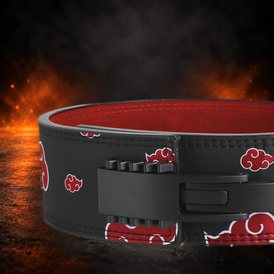 Powerlifting lever belt with red clouds on black, close-up of the black lever buckle.