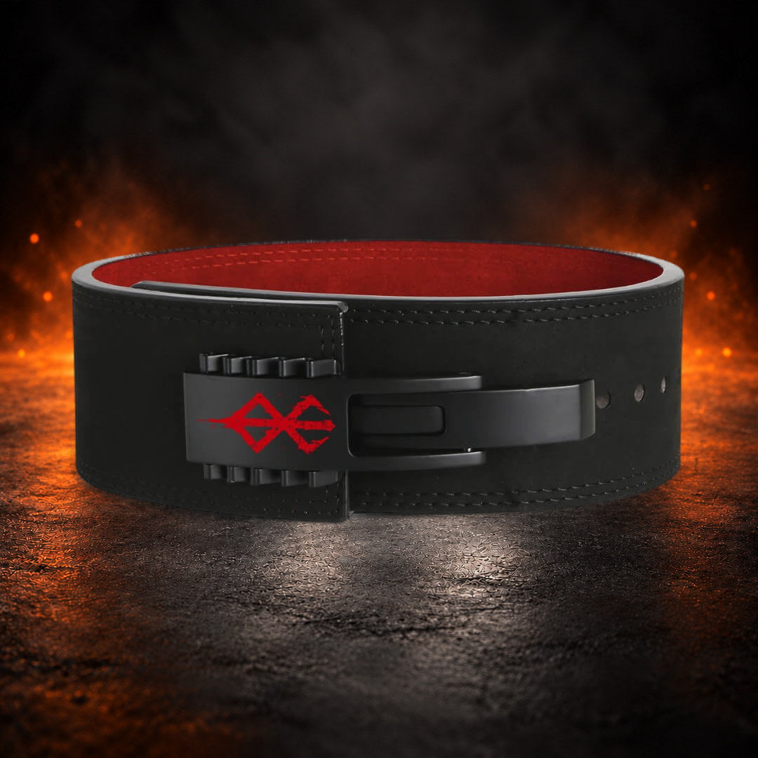 Powerlifting lever belt in black leather with a red sigil on the black lever, front view.