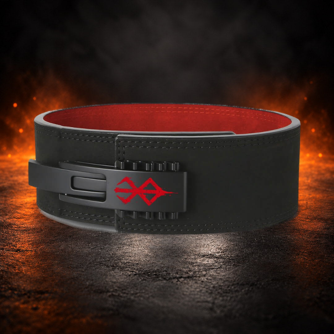 Powerlifting lever belt in black leather, angled view of the red sigil lever and red suede lining.
