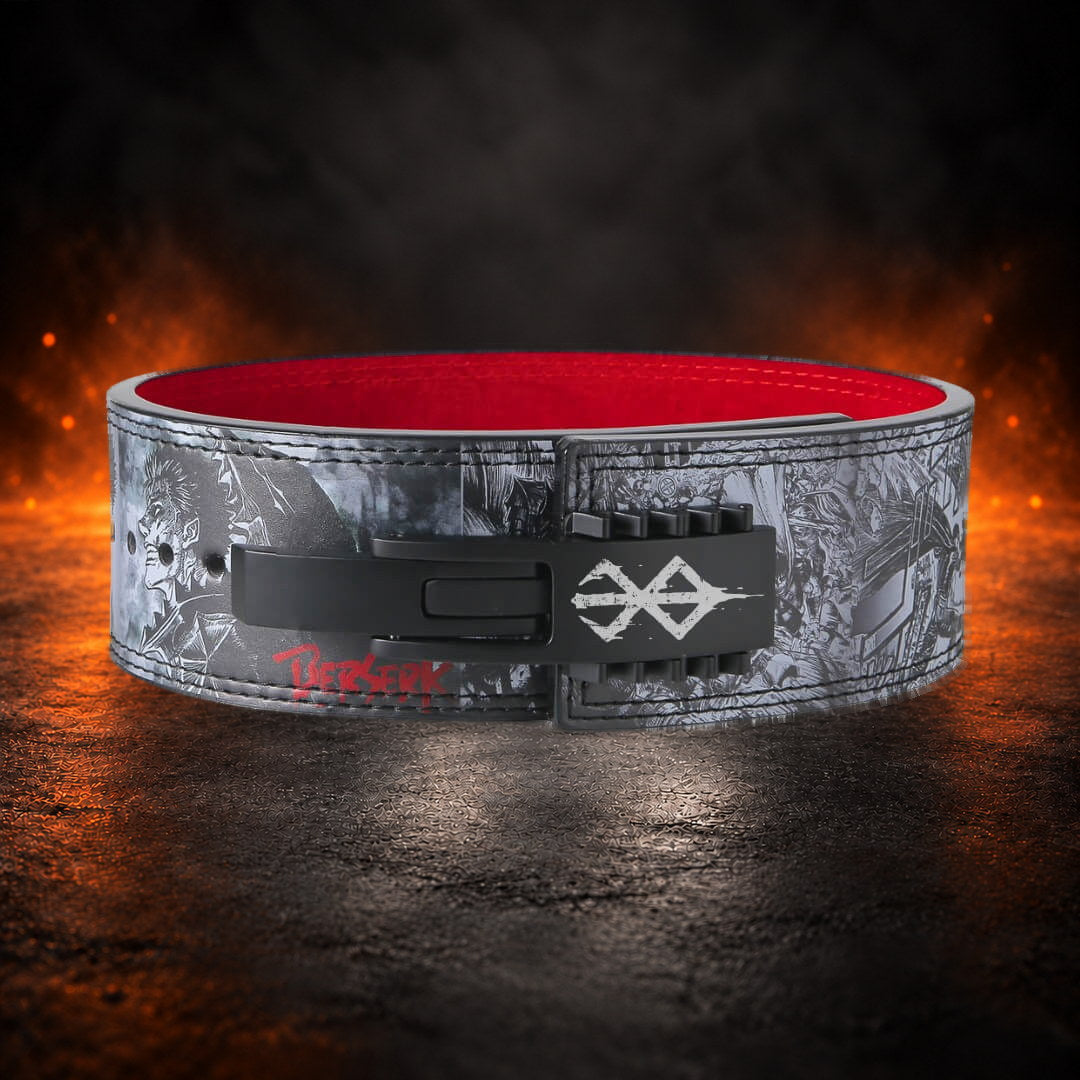 Powerlifting lever belt with a gray monster print and a white sigil on the black lever, front view.