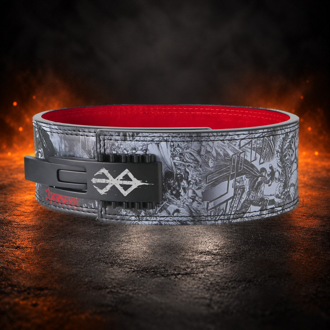 Powerlifting lever belt with a gray monster print, angled view of the white sigil lever at the left.