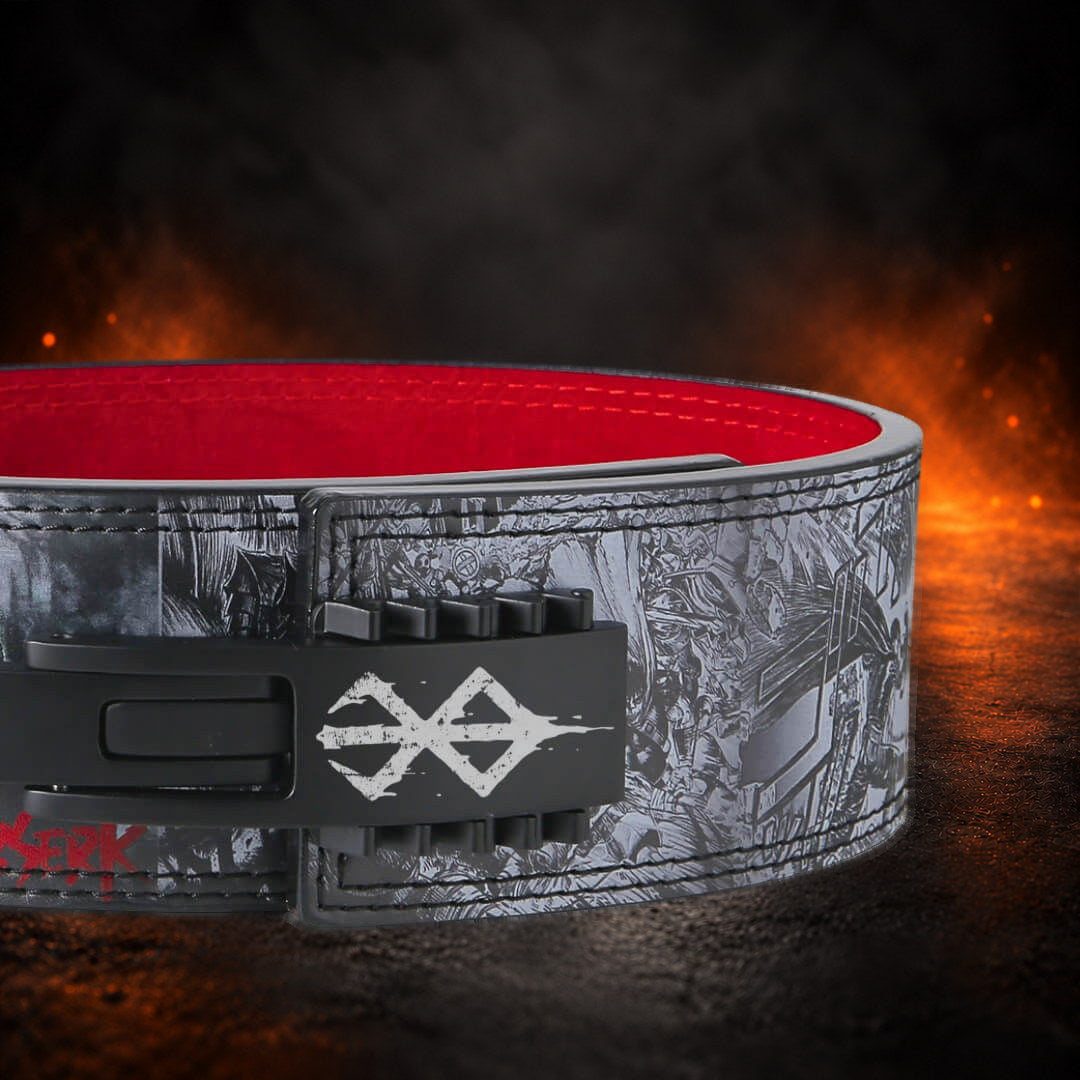 Adjustable lever belt buckle with a white sigil on black over dense gray comic art, close-up.