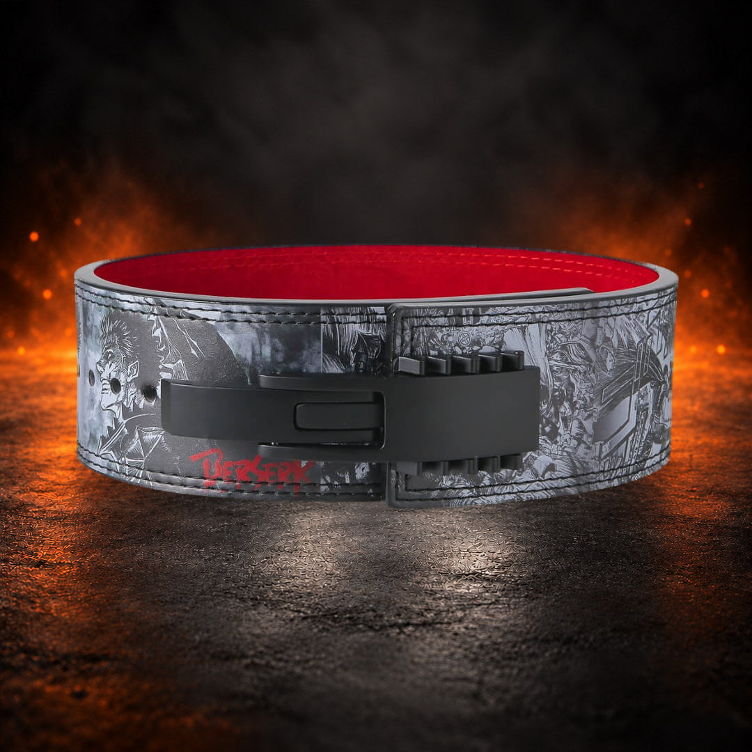 Powerlifting lever belt with a gray monster print and a plain black lever, front view.