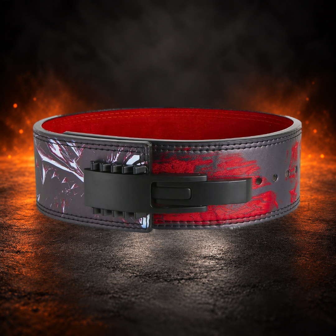 Powerlifting lever belt with a black lever over red, black and white smoke print, front view.