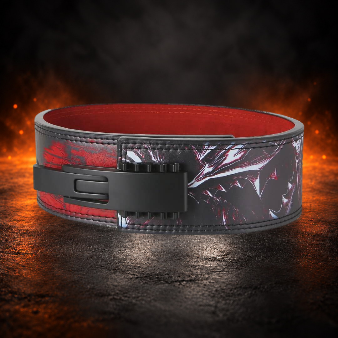Powerlifting lever belt with red smoke print, angled view with the black lever at the left.