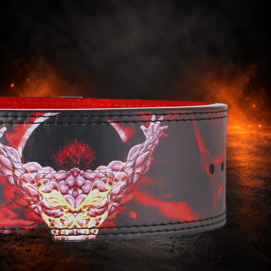 Powerlifting lever belt close-up of the flexed back demon face against a dark circle and red smoke.
