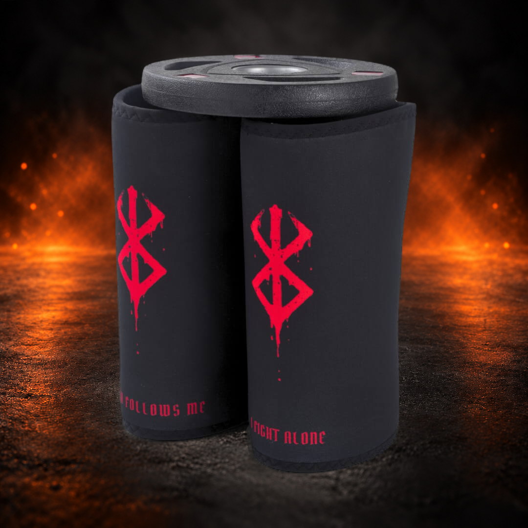 7mm stiff knee sleeves in black with red marks and red lettering, standing under a weight plate.
