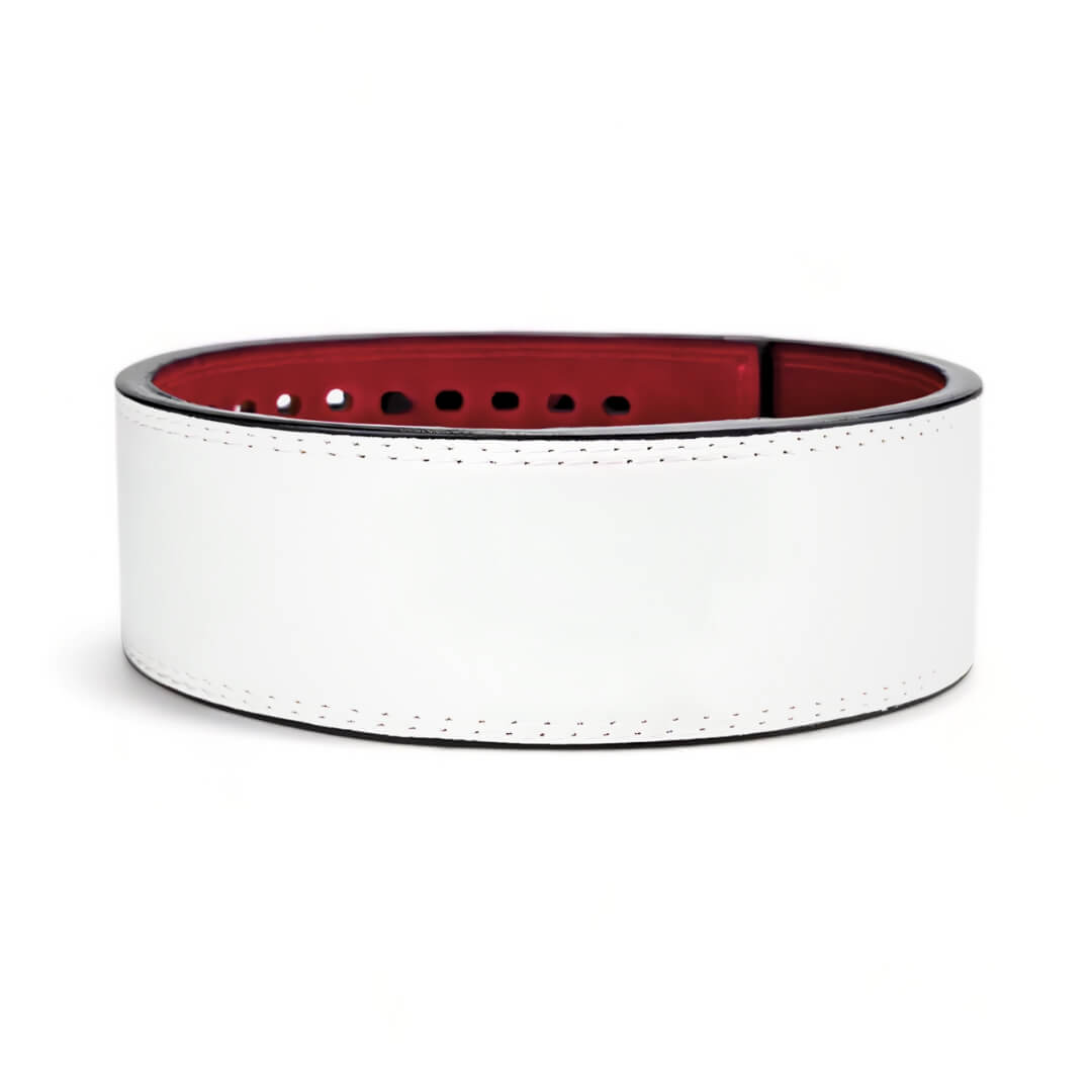 Rear view of white leather weightlifting belt
