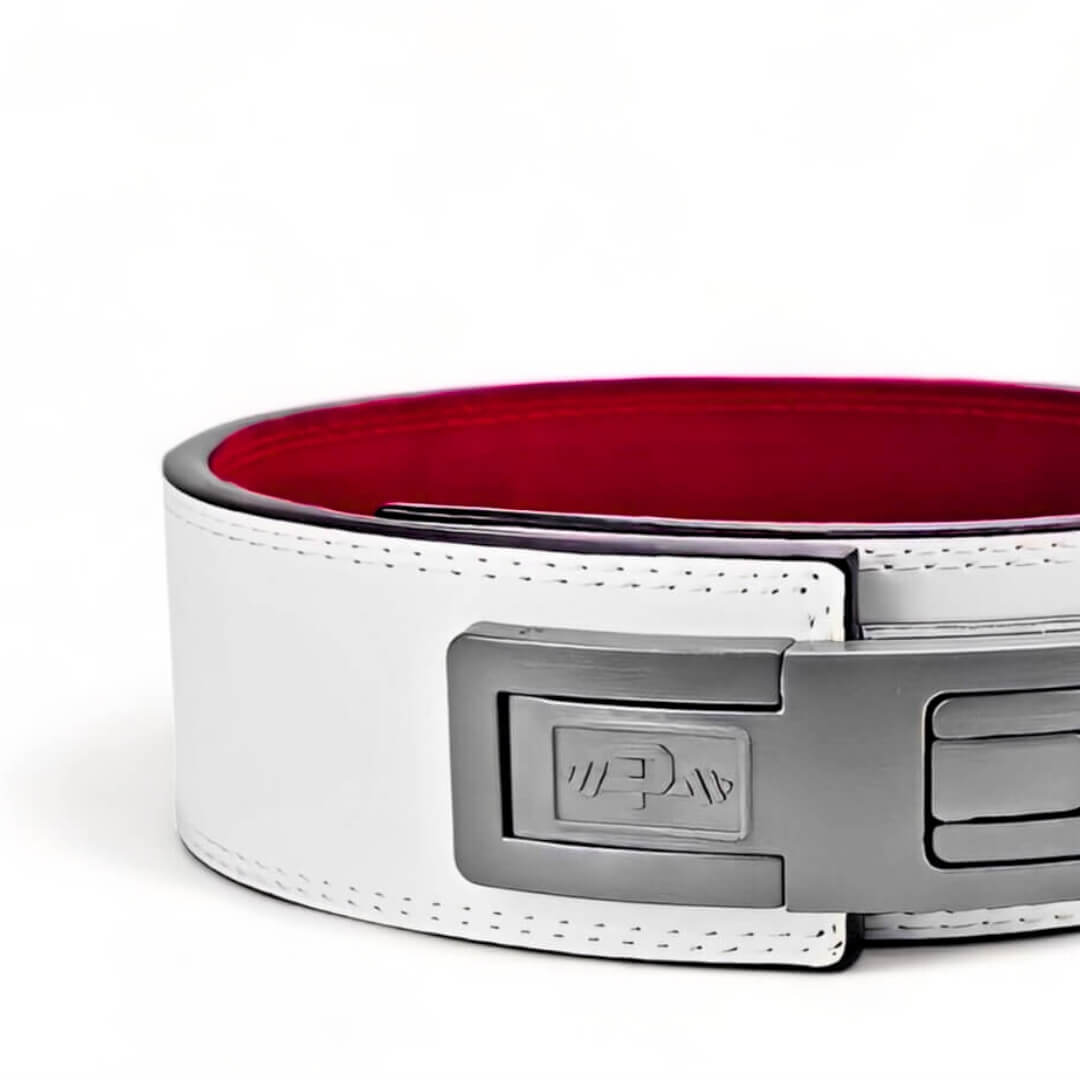 Close up view of white leather weightlifting belt. USAPL approved Lever belt for powerlifting.
