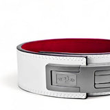 Close up view of white leather weightlifting belt. USAPL approved Lever belt for powerlifting.