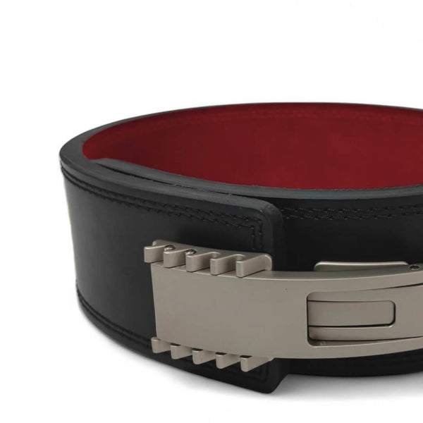 Close up view of Khan Lever Belt | Leather weightlifting belt | USAPL & USPA Approved