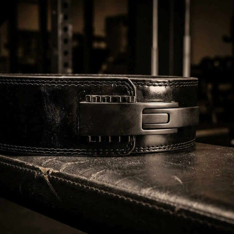 Black leather powerlifting lever belt on a textured surface with a blurred background