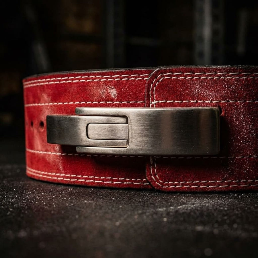 Red leather powerlifting lever belt with a silver buckle on a dark background