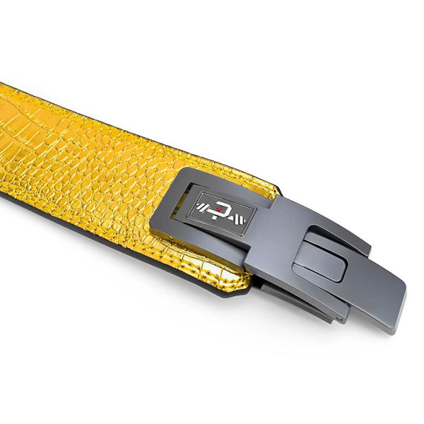 Close up of lever buckle from leather weightlifting belt