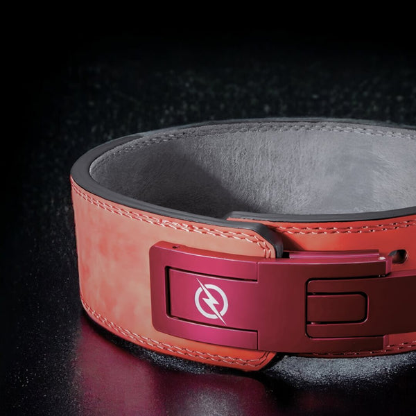 Close up for Pink leather weightlifting belt. Pink lever on powerlifting belt