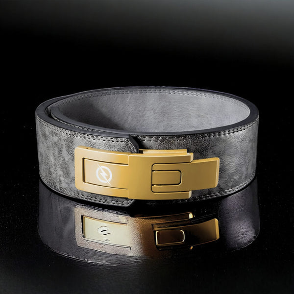 Main image for Shadow Gray lever belt. Gray leather weightlifting belt with gold lever.