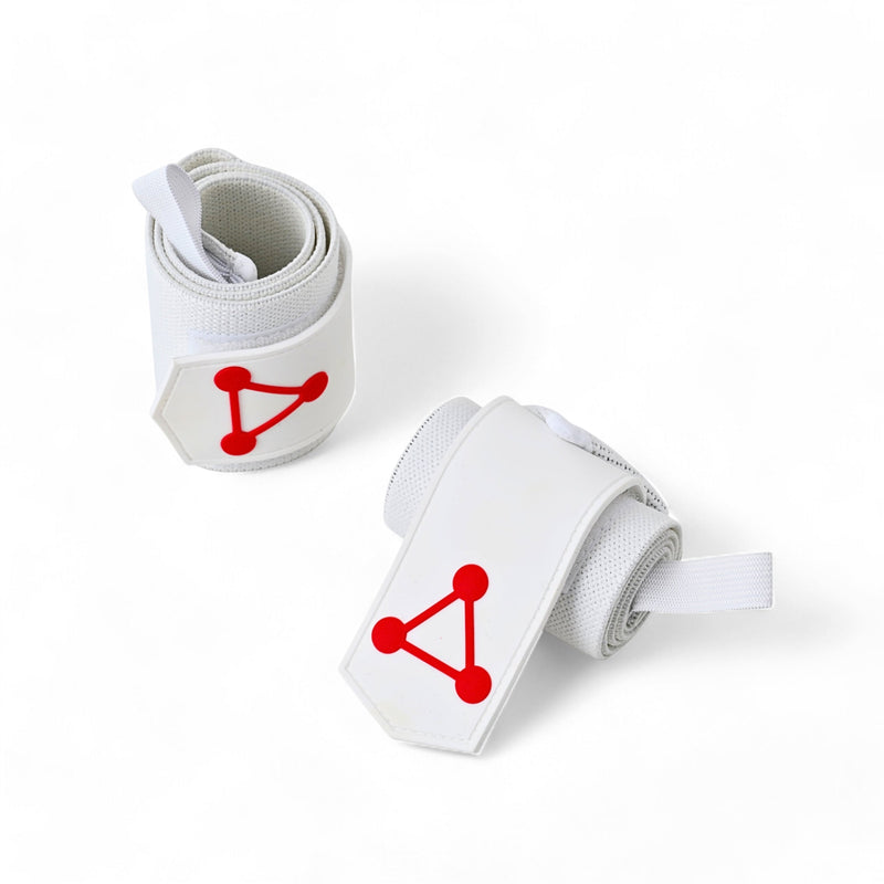 Pair of rolled Shikigami White wrist wraps, each white end patch marked with a red three-point triangle