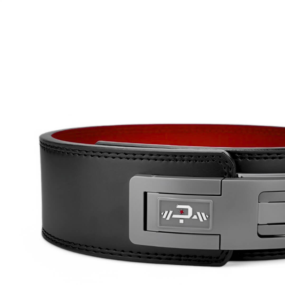 Close up of 13mm weightlifting belt with gray lever buckle for powerlifting
