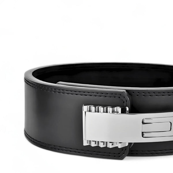 Close up view of 10mm pioneer lever belt with chrome lever buckle. USAPL Approved leather weightlifting belt for powerlifting