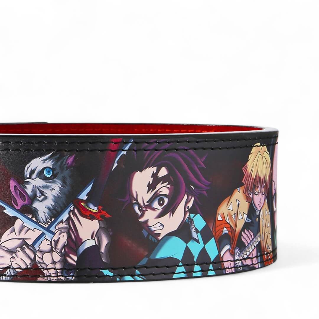 Powerlifting lever belt with colorful character designs on a white background