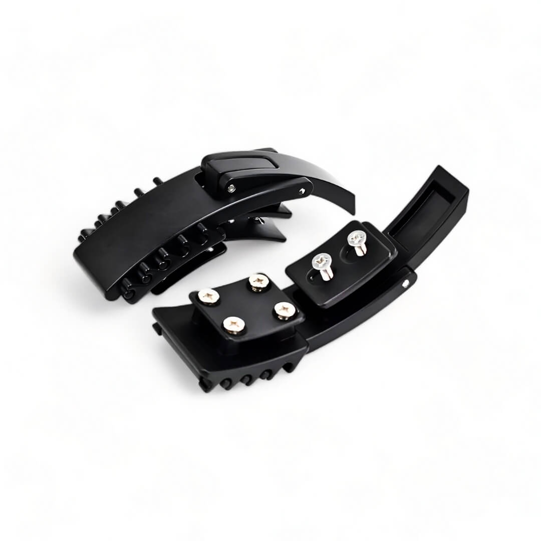 CLOSE UP VIEW OF MATTE BLACK PIONEER LEVER BUCKLE