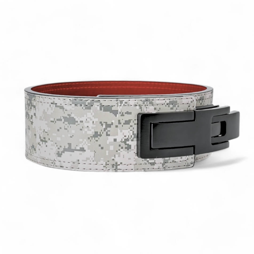 3rd image of urban camo Weightlifting Belts on display with black lever buckle | Powerlifting belt featuring adjustable lever buckle. 